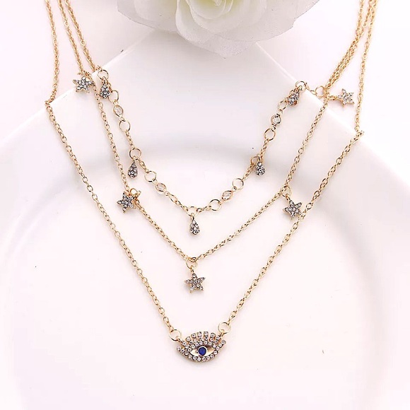 🔵𝟲𝟱%𝗢𝗙𝗙 𝗯𝘂𝗻𝗱𝗹𝗲𝘀 𝟯+🔵 NEW 3 Layered Gold Rhinestone Evil Eye Necklace - Picture 4 of 11